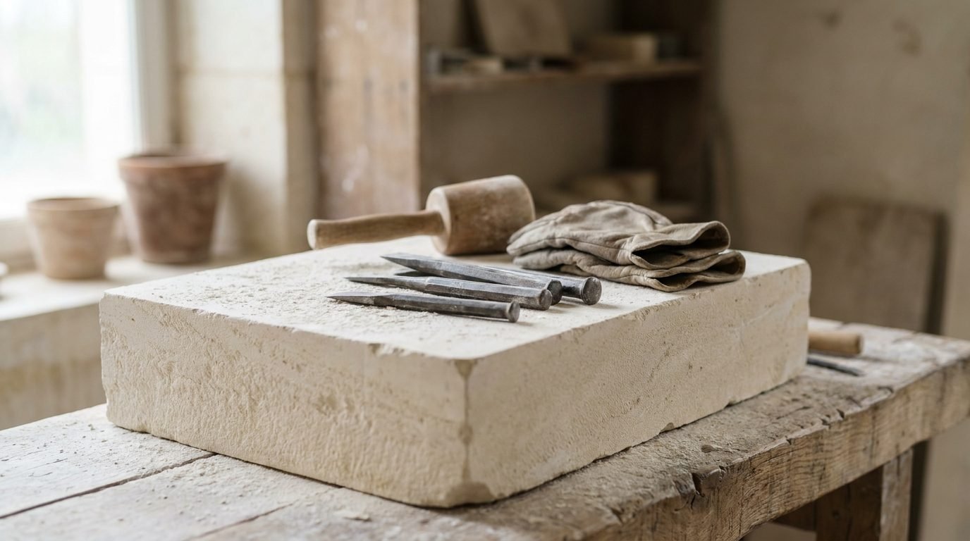 Outils de tailleur de pierre sur un bloc de tuffeau
