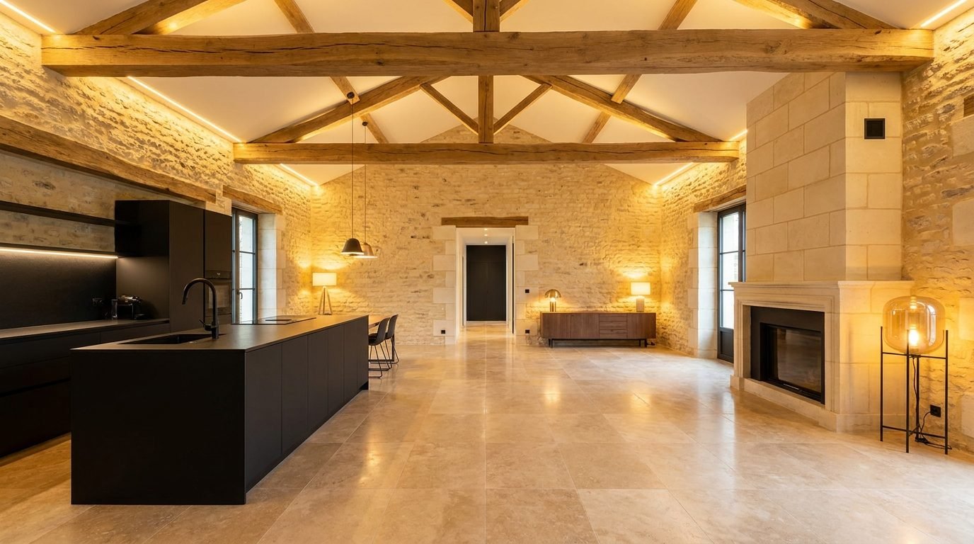 Intérieur de longère rénovée : poutres en chêne, murs en tuffeau et cuisine contemporaine