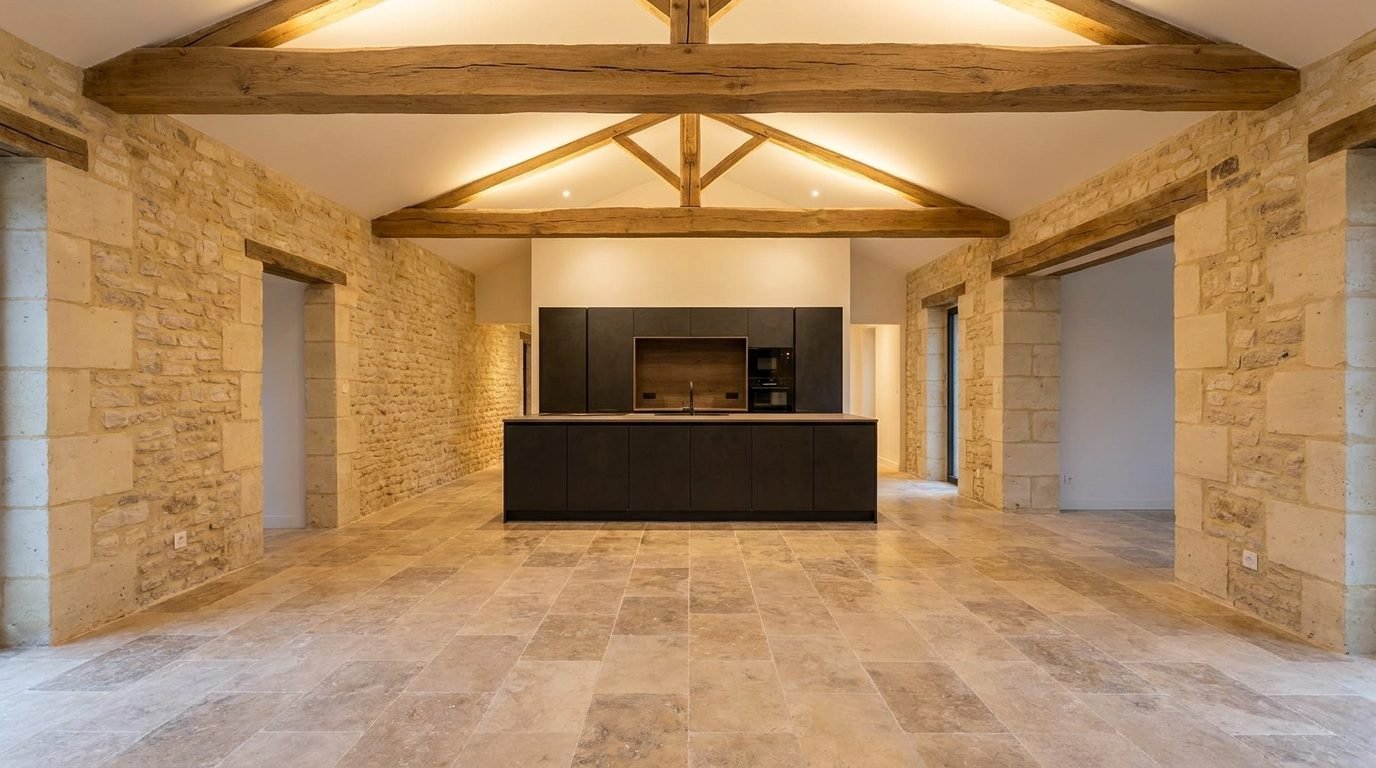 Rénovation complète d'une longère : murs en tuffeau, poutres en chêne et sol en travertin